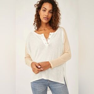 Free People Grand Slam 3/4 Linen Blend Tee Sz L